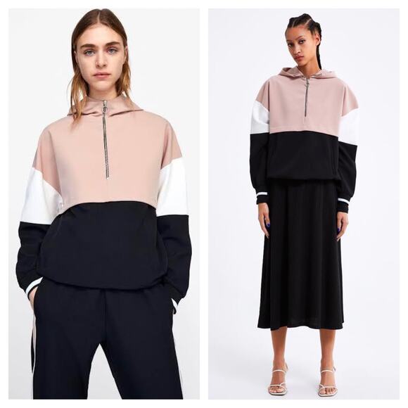 Zara Oversized Hoodie Lightweight Half Zip Jacket Small Funnel Neck Pouch Pocket - Picture 2 of 16